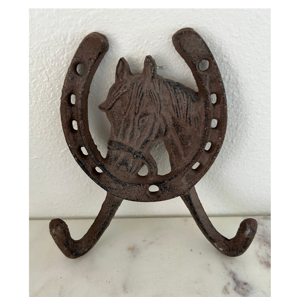 Vintage Rustic Cast Iron Horse Head Horseshoe Wall Hook Western Farmhouse Decor